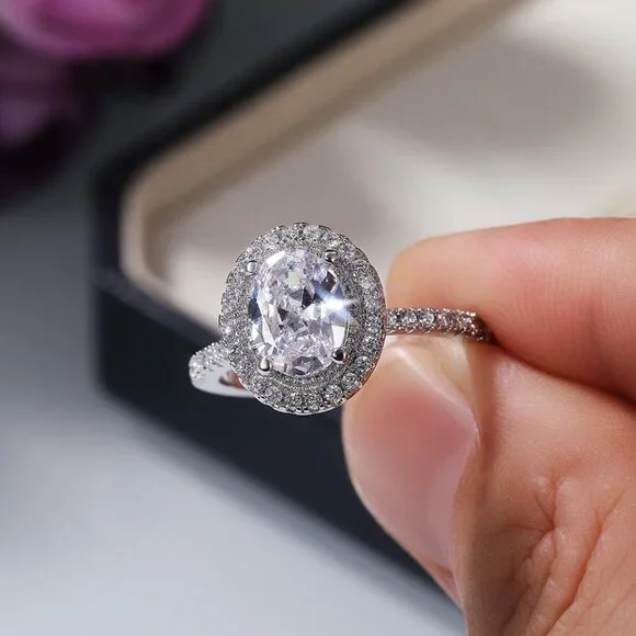 😍Beautiful Big Oval Pure Zircon Silver Plated Elegant Ring for Women, L113 - Picture 6 of 10